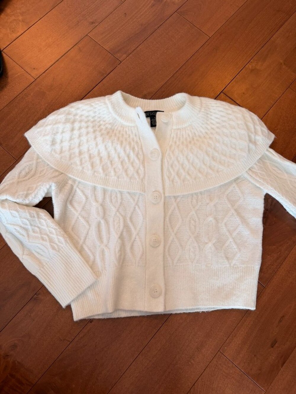 Design 365 White Cable Knit Oversized Collar Cardigan Sweater S